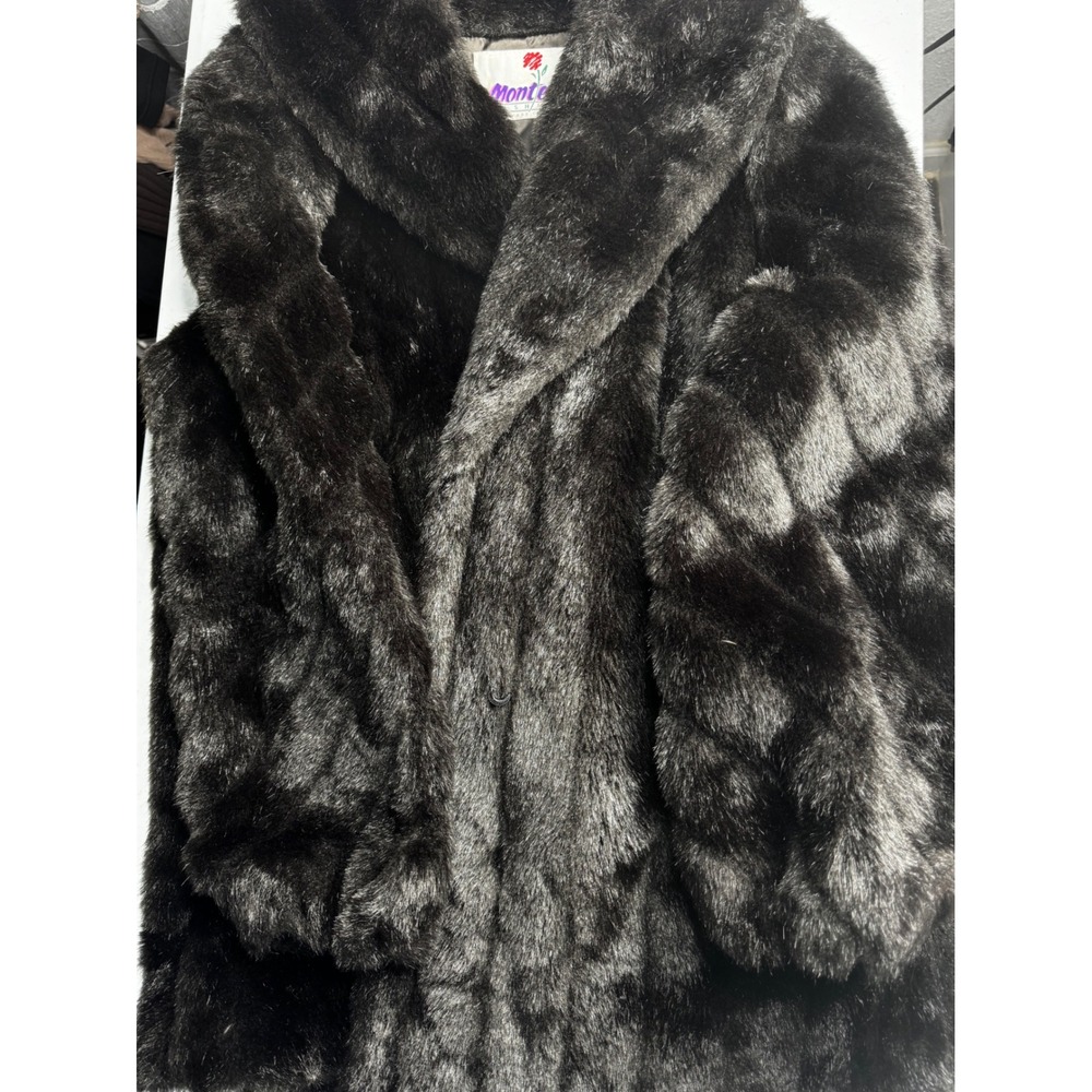 Vintage Monterey Fashions Faux Fur Coat Brown Silver Shawl Collar Size 16 USA‎